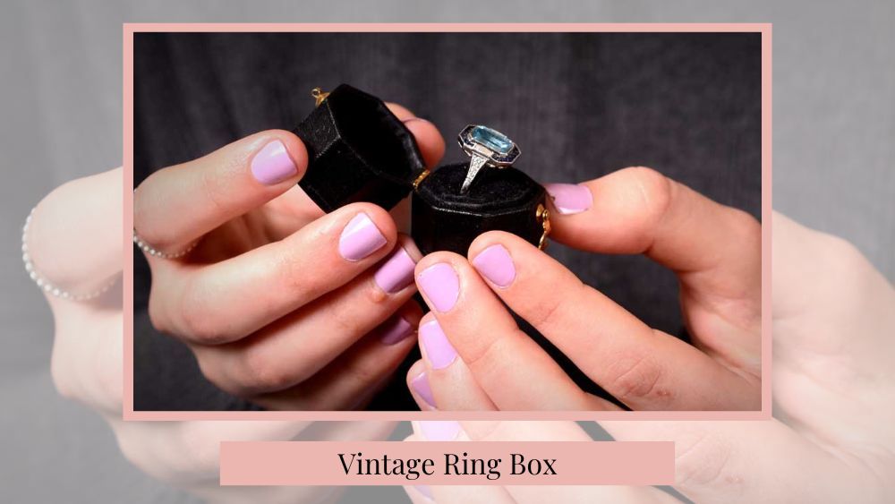 Estate Diamond Jewelry Ring Box with Aquamarine Ring inside