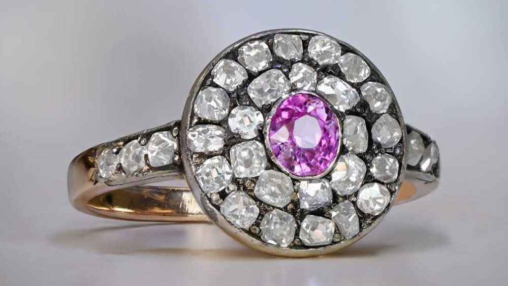 Double Diamond Halo Ring Featuring Pink Center Sapphire
