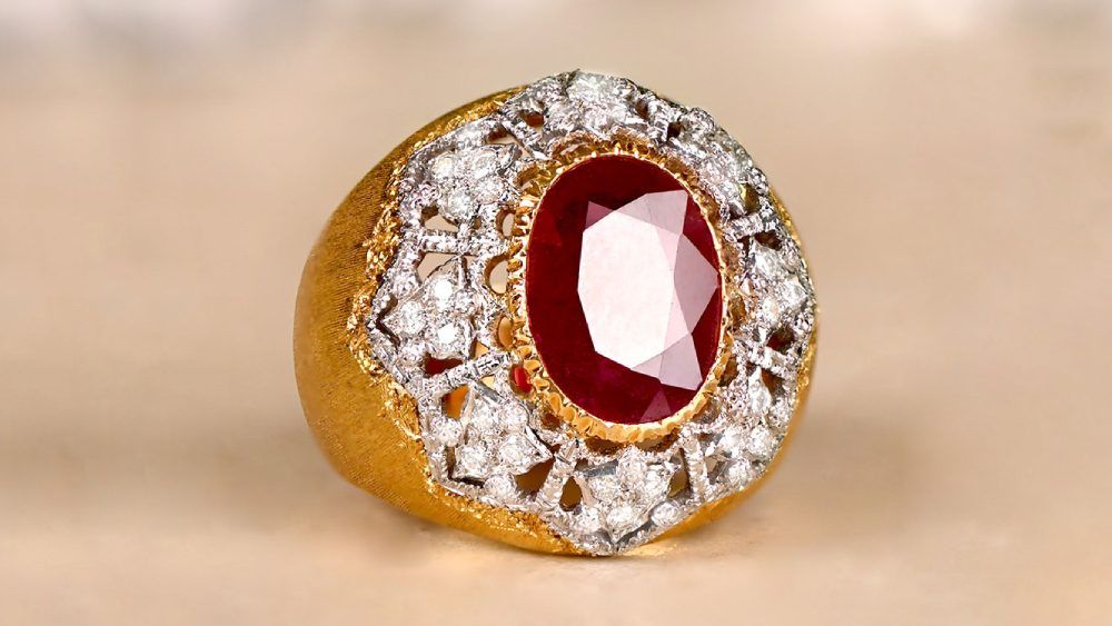 Yellow Gold Ruby Ring With White Gold Halo