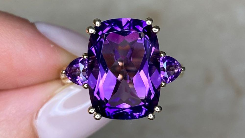Three Stone Purple Amethyst Ring With Yellow Gold
