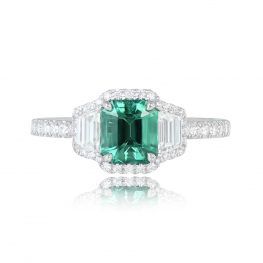 Colombian Emerald and Diamond Halo Ring Greenwood Ring Top View