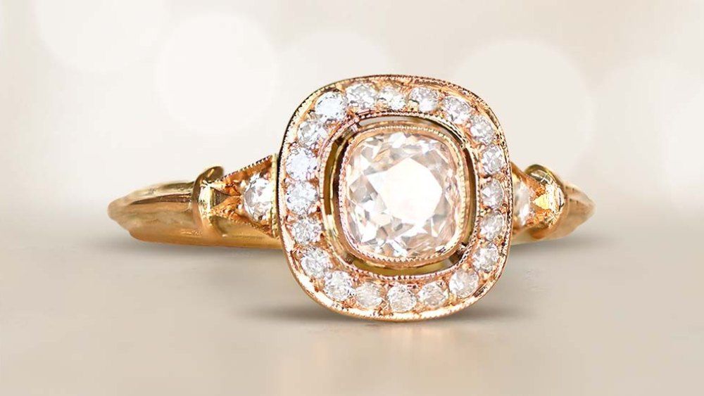 Yellow Gold Diamond Engagement Ring Featuring Diamond Halo