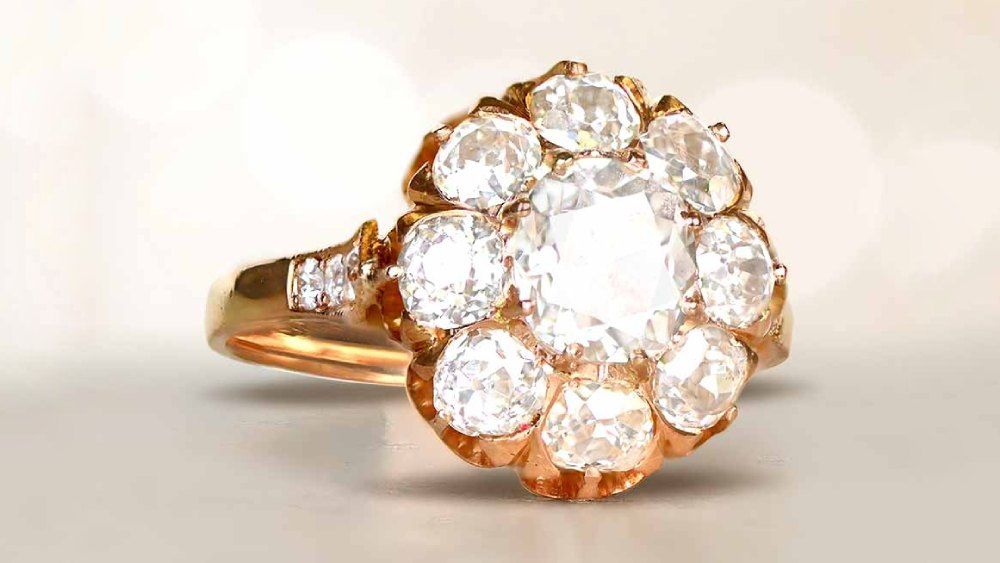 Yellow Gold Diamond Ring With Floral Diamond Cluster