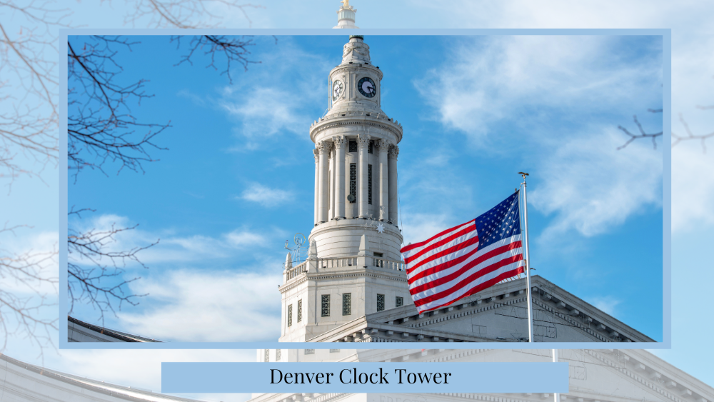 beautiful picture showing the denver clock tower with an american flag